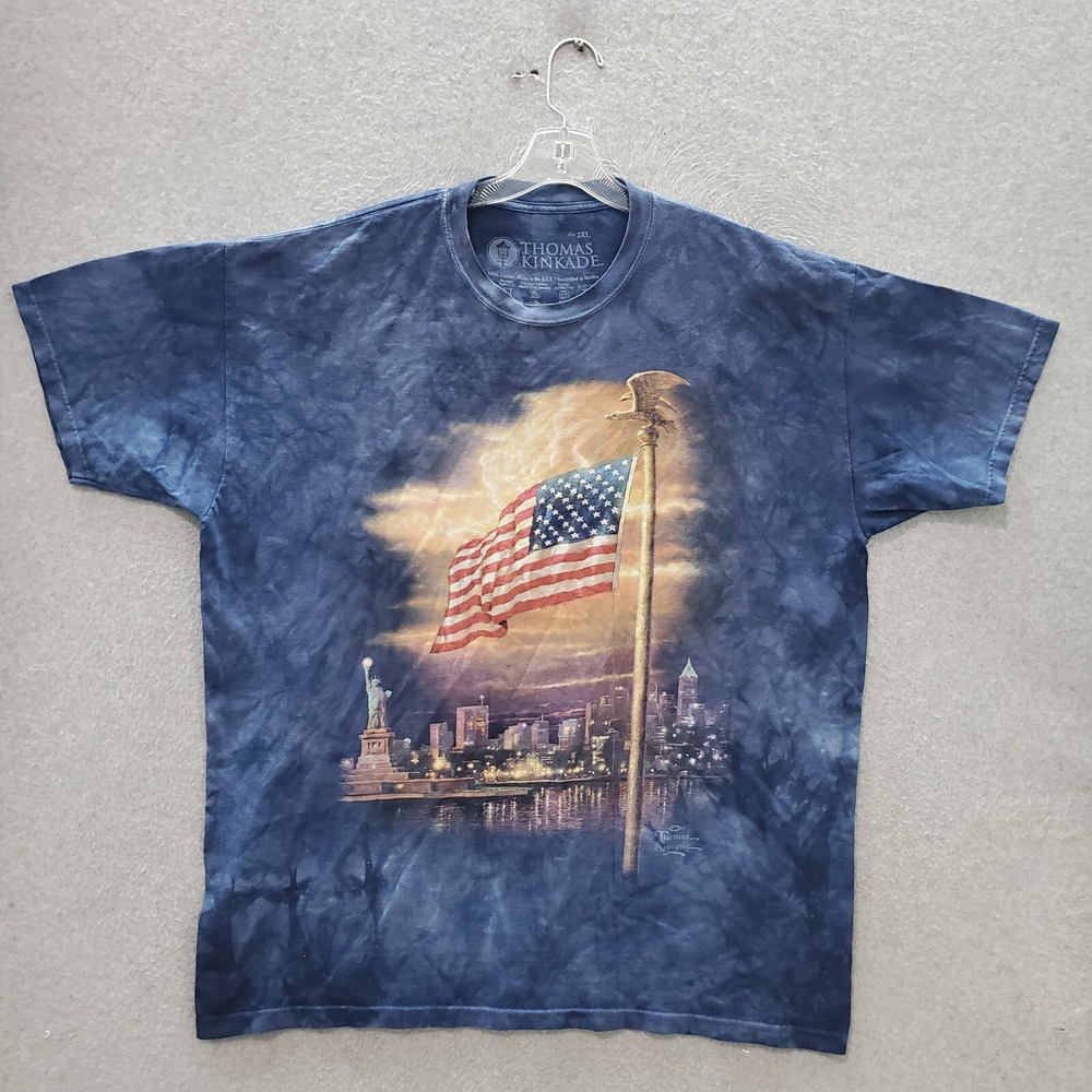 Thomas Kinkade Men T-Shirt 2XL Blue Tie Dye Statue Of Liberty American Flag Tee